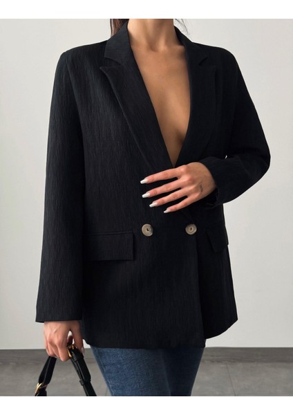 Pliseli Çift Düğme Oversize Ceket Siyah fırsatları