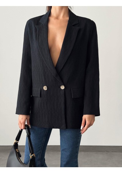 Pliseli Çift Düğme Oversize Ceket Siyah indirimleri