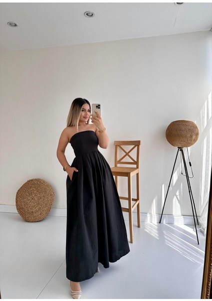 Straplez Cepli Midi Prenses Elbise Siyah