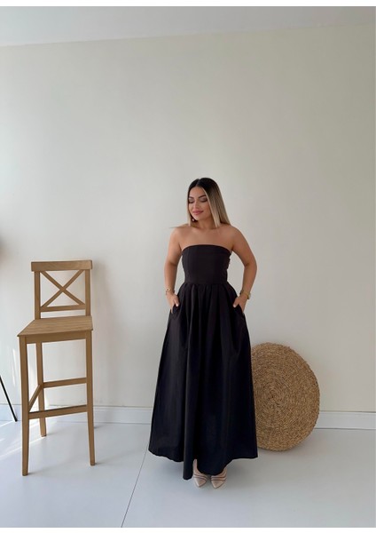 Straplez Cepli Midi Prenses Elbise Siyah fiyatları