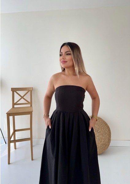 Straplez Cepli Midi Prenses Elbise Siyah modelleri