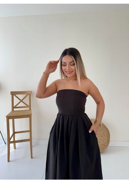 Straplez Cepli Midi Prenses Elbise Siyah fırsatları