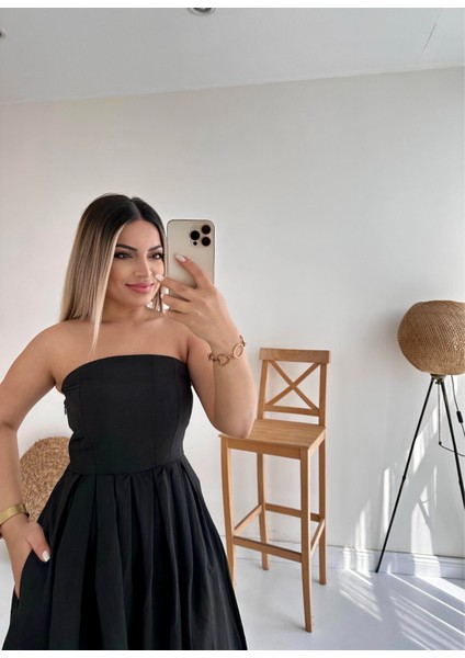 Straplez Cepli Midi Prenses Elbise Siyah indirimleri