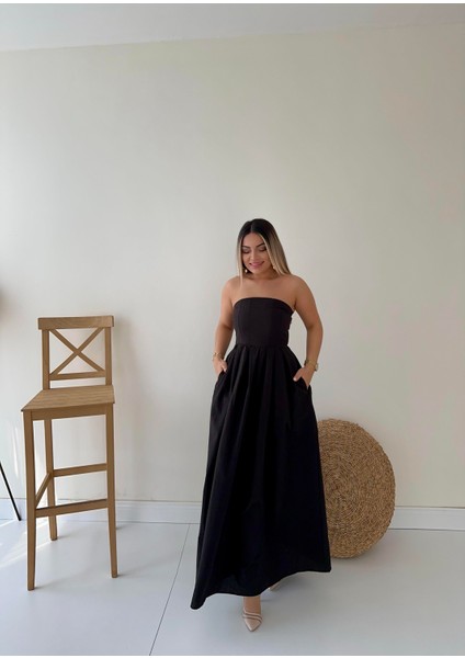 Straplez Cepli Midi Prenses Elbise Siyah