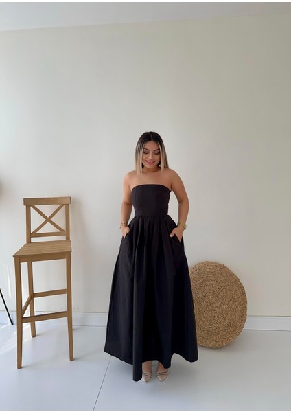 Straplez Cepli Midi Prenses Elbise Siyah