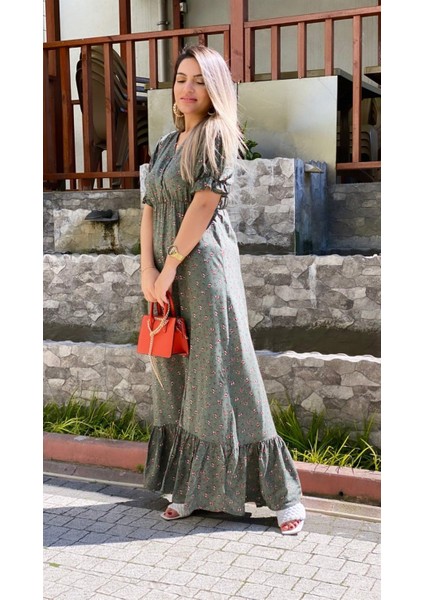 Manolya Yırtmaçlı Viskon Elbise Yeşil