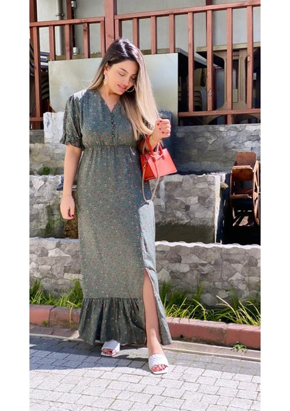 Manolya Yırtmaçlı Viskon Elbise Yeşil modelleri