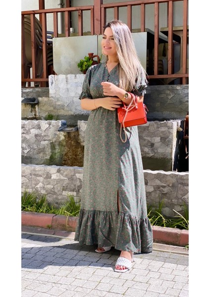 Manolya Yırtmaçlı Viskon Elbise Yeşil indirimleri