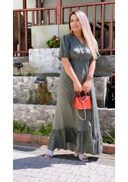 Manolya Yırtmaçlı Viskon Elbise Yeşil