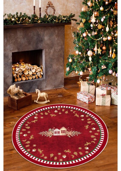 Yılbaşı Desenli Dijital Baskılı Yıkanabilir Kaymaz Taban Yuvarlak Kırmızı Halı