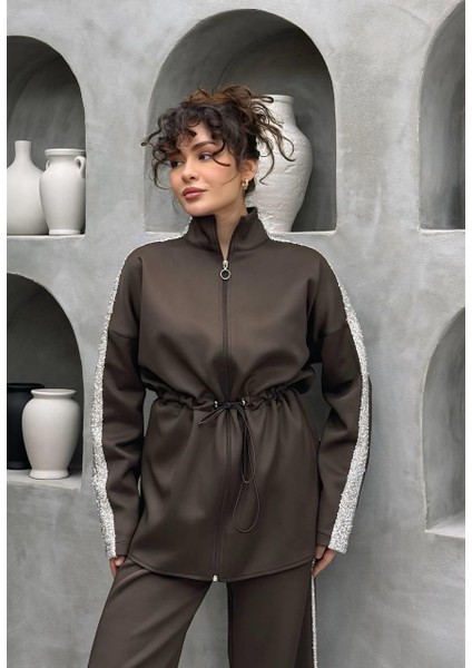 Simli Şerit Detaylı Premium Scuba Kumaş Tesettür Uyumlu Pantolonlu Ikili Takım