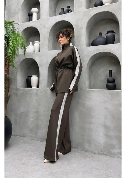 Simli Şerit Detaylı Premium Scuba Kumaş Tesettür Uyumlu Pantolonlu Ikili Takım fiyatları