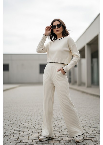 Kadın Bisiklet Yaka Çoban Dikişli Örgü Crop Kazak Pantolon Triko