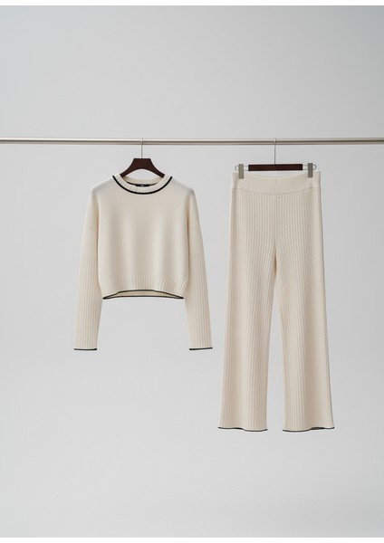 Kadın Bisiklet Yaka Çoban Dikişli Örgü Crop Kazak Pantolon Triko