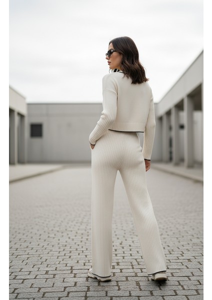 Kadın Bisiklet Yaka Çoban Dikişli Örgü Crop Kazak Pantolon Triko