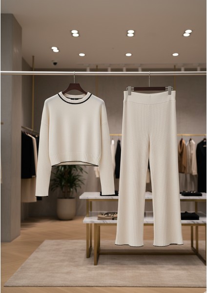 Kadın Bisiklet Yaka Çoban Dikişli Örgü Crop Kazak Pantolon Triko