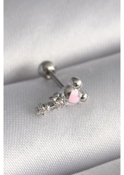 316L Çelik Gümüş Renk Zirkon Taş Detay Pembe Kalp İşleme Tragus Piercing