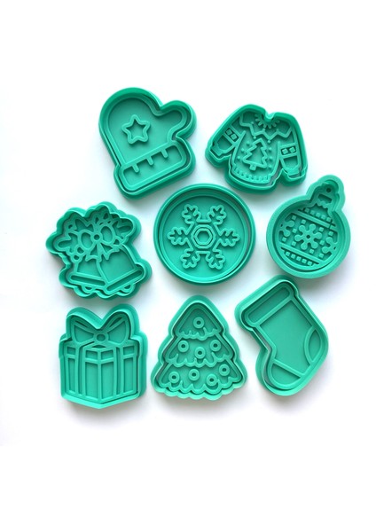 Yeni Yıl Temalı 8 Parça Kurabiye Kalıbı Seti | Eldiven, Kazak, Hediye, Ağaç, Çan | Şeker Hamuru ve Kil Şekillendirici