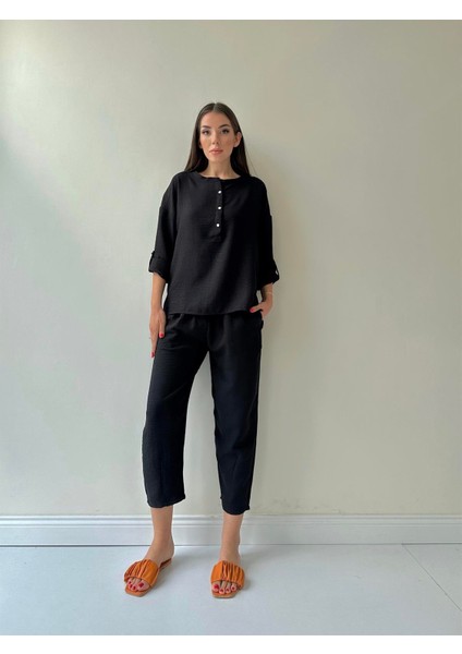 Belis Önü Düğmeli Keten Ikili Takım Siyah