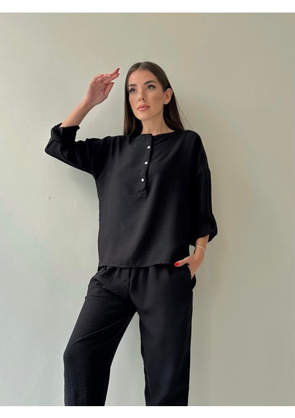 Belis Önü Düğmeli Keten Ikili Takım Siyah fiyatları