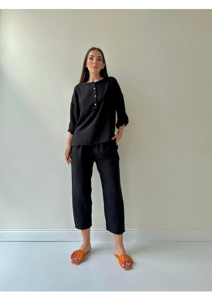 Belis Önü Düğmeli Keten Ikili Takım Siyah modelleri