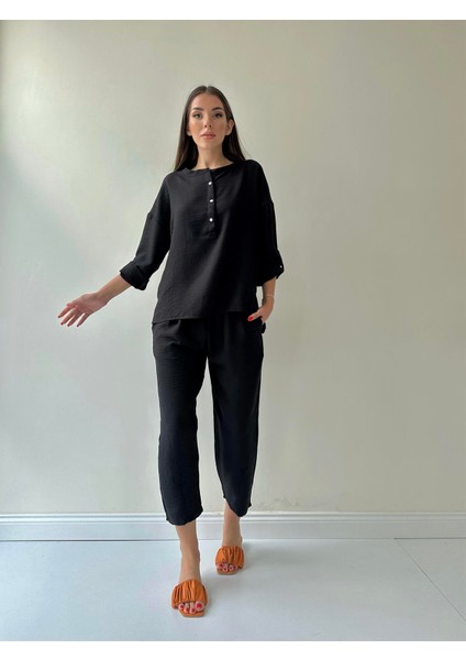 Belis Önü Düğmeli Keten Ikili Takım Siyah fırsatları