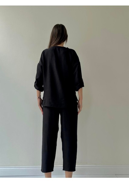 Belis Önü Düğmeli Keten Ikili Takım Siyah indirimleri