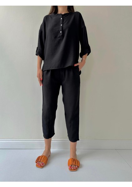 Belis Önü Düğmeli Keten Ikili Takım Siyah