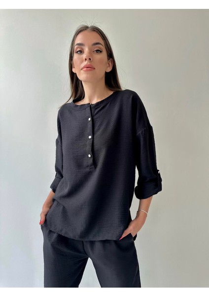 Belis Önü Düğmeli Keten Ikili Takım Siyah