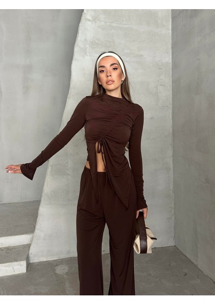 Büzgü Detay Modal Takım Kahverengi fiyatları