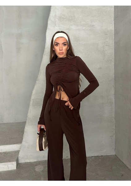 Büzgü Detay Modal Takım Kahverengi