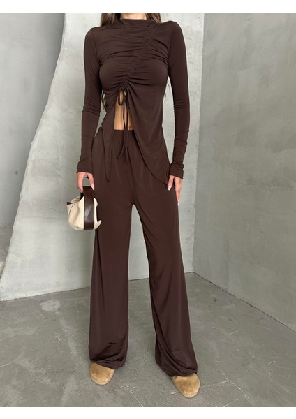 Büzgü Detay Modal Takım Kahverengi