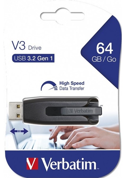 Verbatim 64 GB Pinstripe USB 3.2 Gen 1 Çek-It Kızak Özellikli USB Flash Bellek