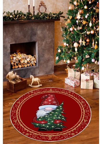 Dijital Baskılı Kaymaz Tabanlı Yıkanabilir Yuvarlak Kırmızı Yılbaşı Halısı