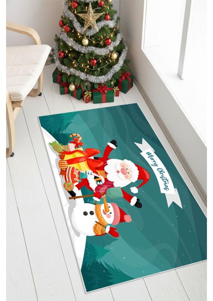 Merry Christmas Yılbaşı Temalı Dijital Baskılı Yıkanabilir Mavi Halı