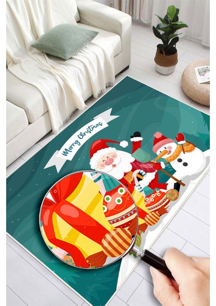 Merry Christmas Yılbaşı Temalı Dijital Baskılı Yıkanabilir Mavi Halı modelleri
