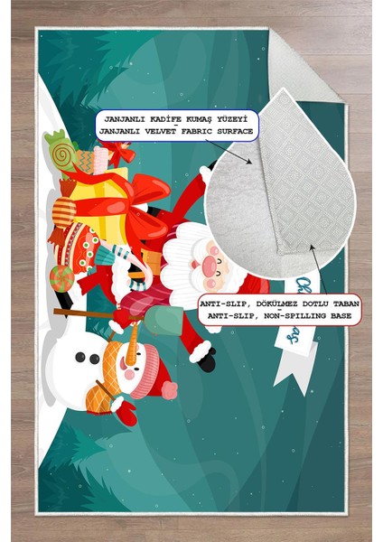 Merry Christmas Yılbaşı Temalı Dijital Baskılı Yıkanabilir Mavi Halı fırsatları