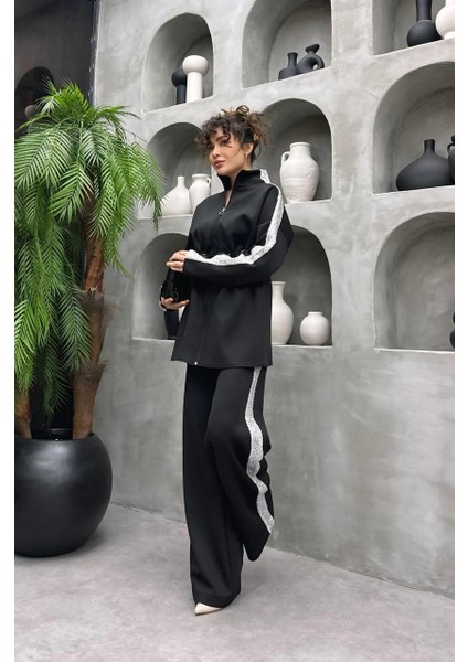 Simli Şerit Detaylı Premium Scuba Kumaş Tesettür Uyumlu Pantolonlu Ikili Takım