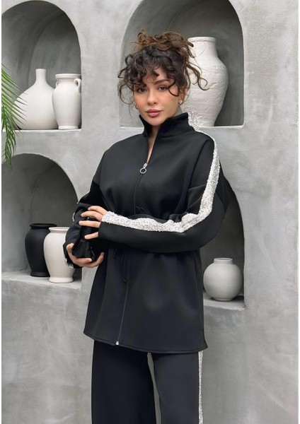 Simli Şerit Detaylı Premium Scuba Kumaş Tesettür Uyumlu Pantolonlu Ikili Takım fiyatları