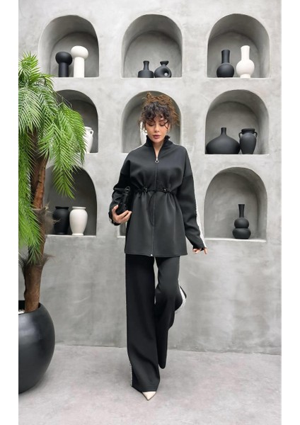 Simli Şerit Detaylı Premium Scuba Kumaş Tesettür Uyumlu Pantolonlu Ikili Takım modelleri