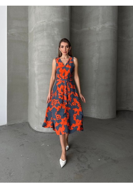 Kuşaklı Desenli Kalın Askılı Elbise Gri modelleri