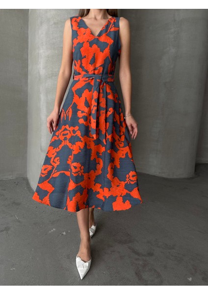 Kuşaklı Desenli Kalın Askılı Elbise Gri indirimleri