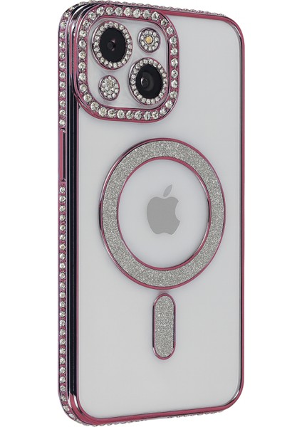 Apple iPhone 13/14 Uyumlu Taşlı Magsafe Şarj Özellikli Kamera Korumalı Simli Kılıf