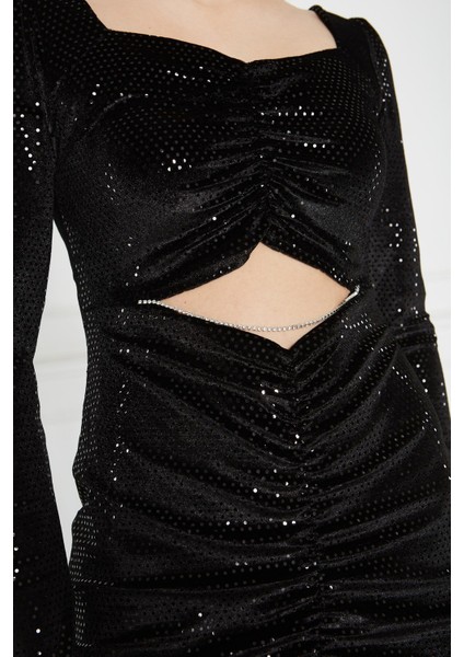 Zincir Detaylı Işıltılı Mini Elbise Siyah modelleri