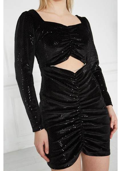 Zincir Detaylı Işıltılı Mini Elbise Siyah indirimleri