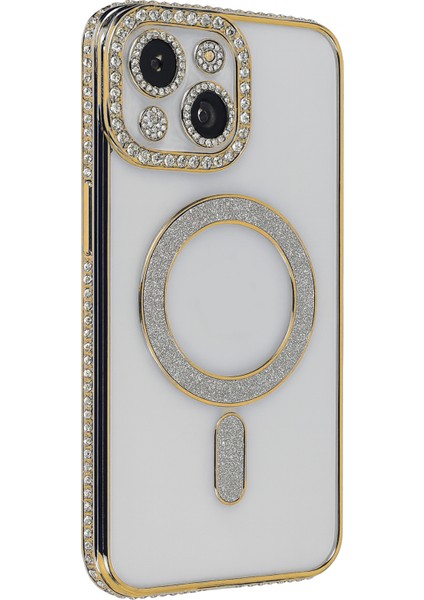 Apple iPhone 13/14 Uyumlu Taşlı Magsafe Şarj Özellikli Kamera Korumalı Simli Kılıf