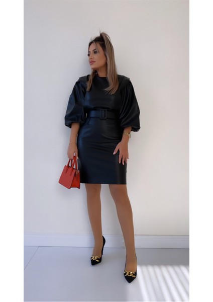Balon Kol Kemerli Deri Elbise Siyah modelleri