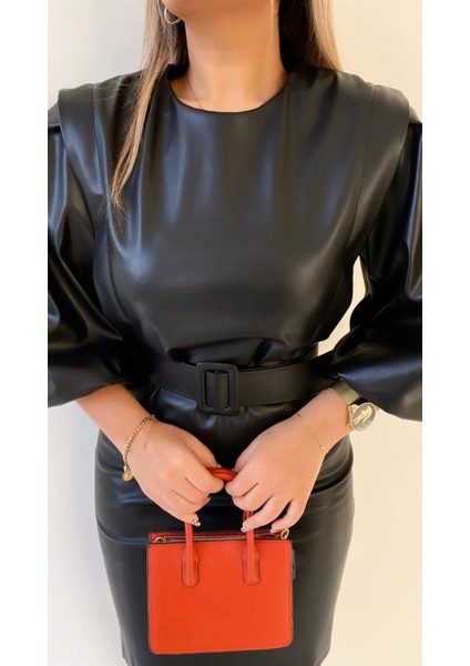 Balon Kol Kemerli Deri Elbise Siyah indirimleri