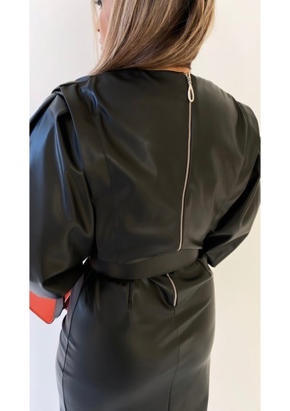 Balon Kol Kemerli Deri Elbise Siyah