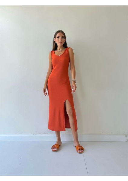 Fitilli Yırtmaçlı Düz Elbise Turuncu fırsatları
